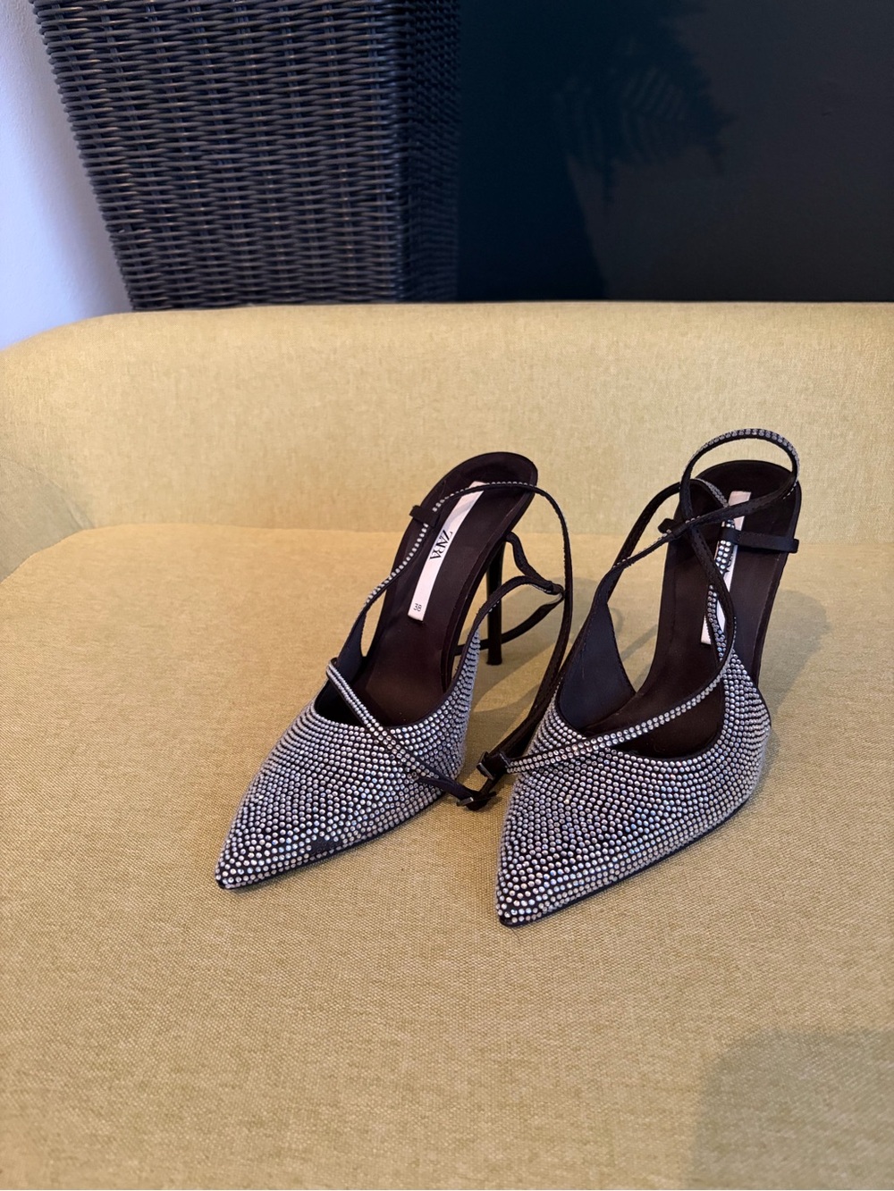 Zara Black Crystal-Embellished Pointed Slingback Heels